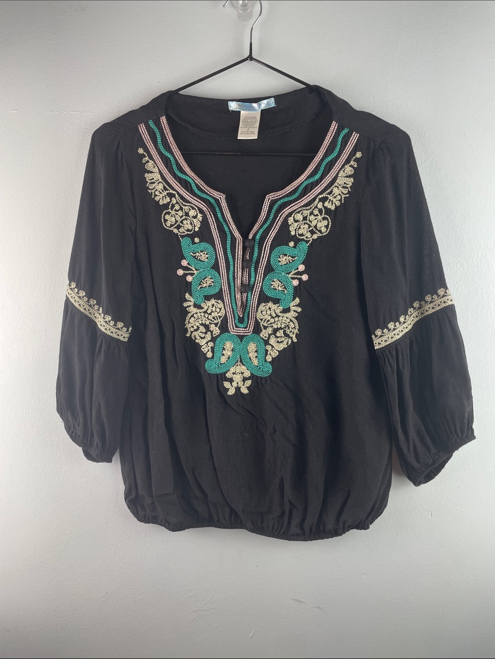 Indigo Moon Embroidered Black Peasant Blouse with Teal Accents Size S